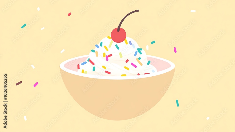 A bowl of ice cream topped with sprinkles, whipped cream, and a cherry. Illustration, Generative AI A bowl of ice cream topped with sprinkles, whipped cream, and a cherry. Illustration, Generative AI