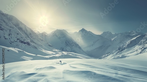 Snowboarder carving through fresh powder snow with majestic mountains under bright sunlight