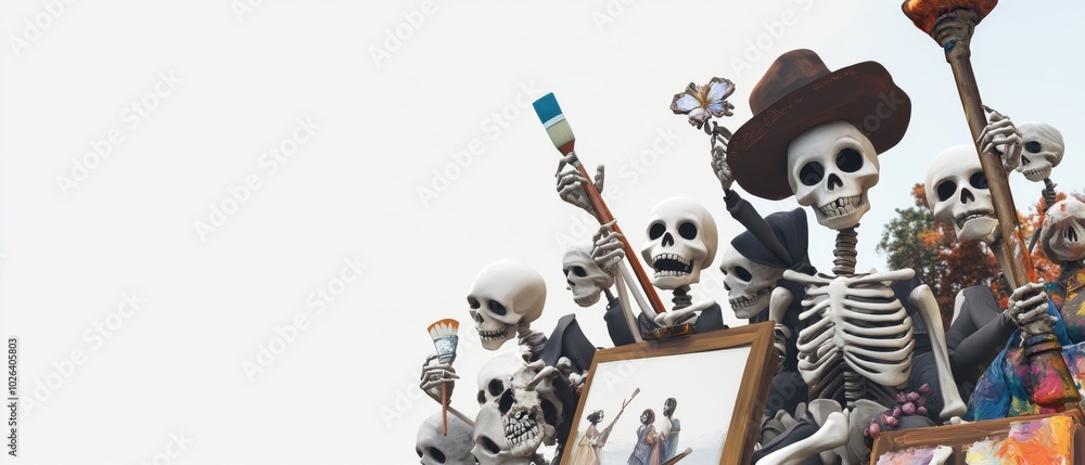 Fototapeta premium A group of skeletons holding paintbrushes and holding pictures of people