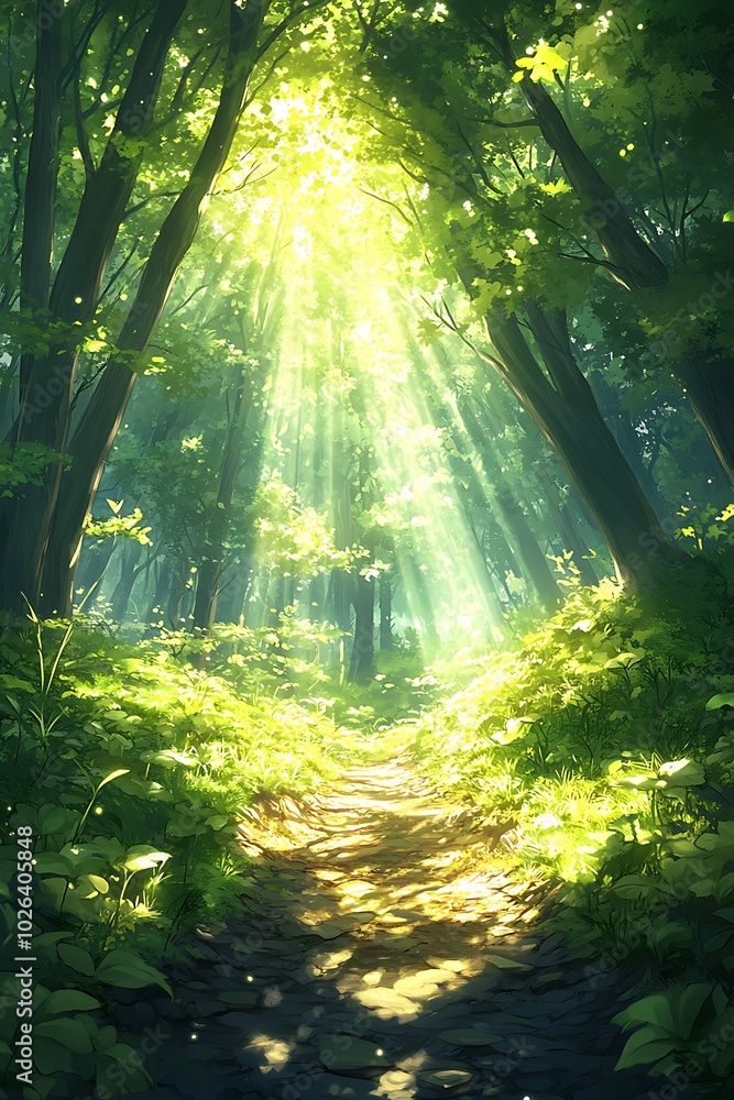 Obraz premium A serene forest pathway illuminated by sunlight filtering through lush green trees, creating a magical atmosphere.