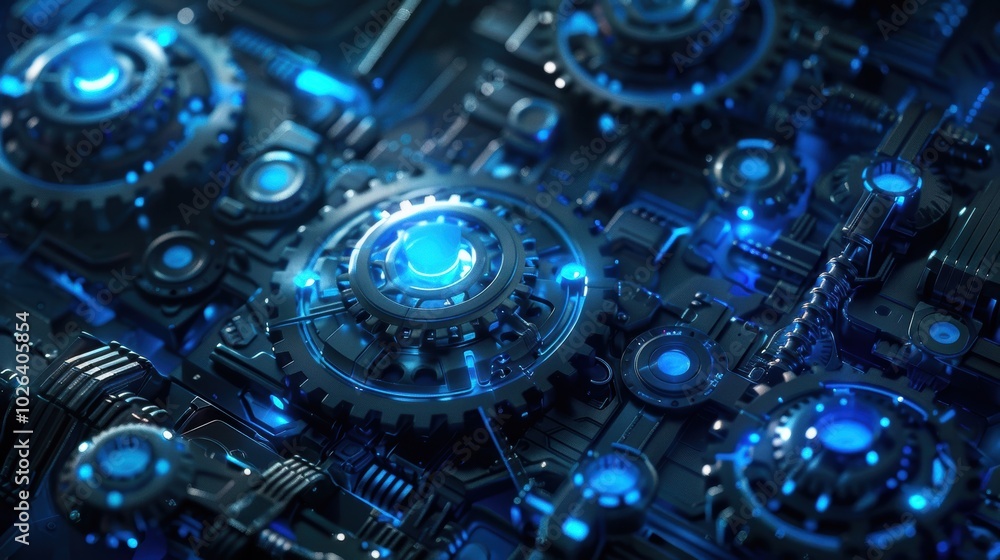 Fototapeta premium Futuristic High Tech Mechanical Gears with Glowing Blue Highlights in a Cyberpunk Style