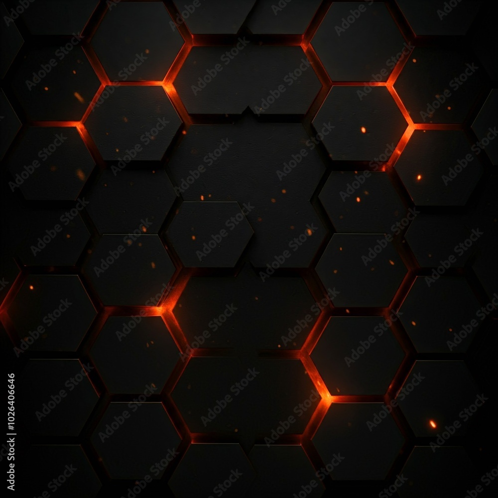 Black Hexagon Pattern With Glowing Edges. A dark background with a pattern of black hexagons. The edges of the hexagons are glowing with a soft orange light, creating a subtle and futuristic look. Black Hexagon Pattern With Glowing Edges. A dark background with a pattern of black hexagons. The edges of the hexagons are glowing with a soft orange light, creating a subtle and futuristic look.