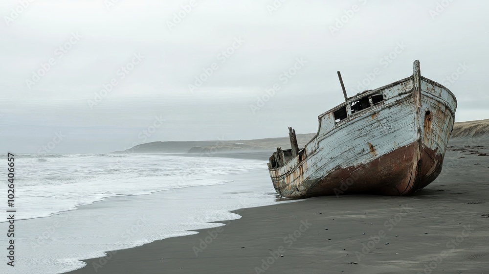 A weathered ship rests on a deserted beach, with gentle ocean waves lapping at its hull and a distant headland, evoking A weathered ship rests on a deserted beach, with gentle ocean waves lapping at its hull and a distant headland, evoking