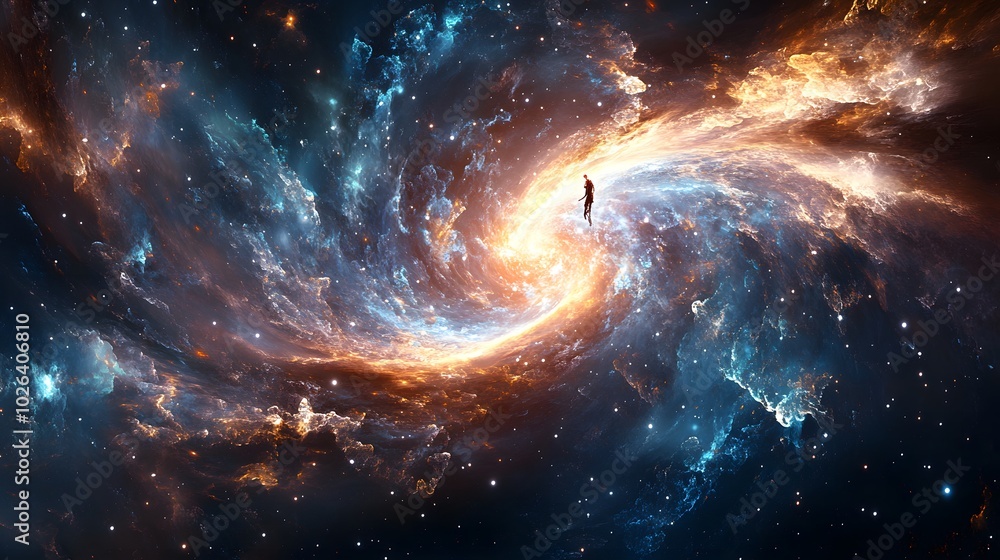 A nebula-like cradle of glowing stars holding a suspended being amidst swirling galaxies of cosmic energy A nebula-like cradle of glowing stars holding a suspended being amidst swirling galaxies of cosmic energy
