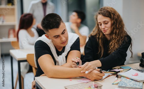 A group of students are working together in a classroom, sharing ideas and helping each other with their studies. The learning environment is active and supportive, promoting teamwork and education.