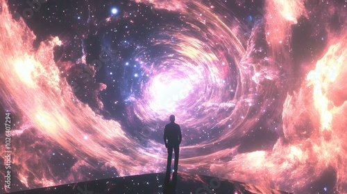 Being suspended within a nebula-like cradle of stars and swirling galaxies radiating cosmic energy