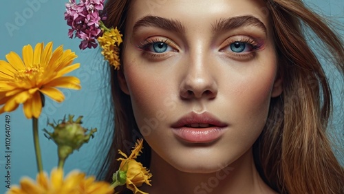 Minimalist portrait of cute woman with flowers on her head on blue background. Woman with various colorful flowers intricately placed in her hair. Spring fashion concept 