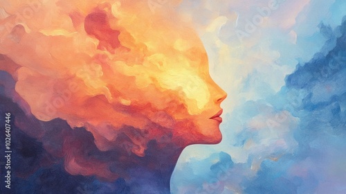 Fiery face profile merging with vibrant abstract background