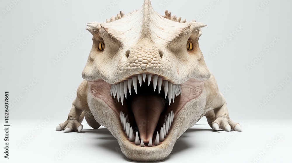 Fototapeta premium Close-up view of a fictional dinosaur-like creature with open mouth, sharp teeth, and textured skin in a neutral background.