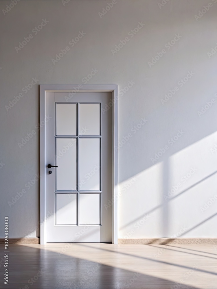 Sunlight casts geometric shadows through a white door. Sunlight casts geometric shadows through a white door.