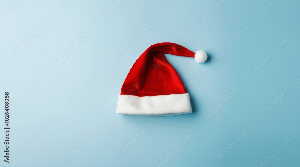 Santa Hat on Light Blue Background with Copy Space for Holiday Designs Santa Hat on Light Blue Background with Copy Space for Holiday Designs