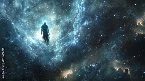 Cosmic energy swirling around a being suspended in a glowing cradle of stars and galaxies