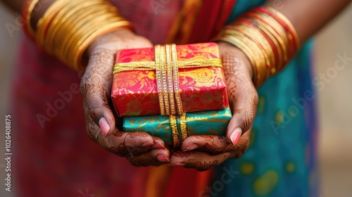 An Indian woman, her wrists adorned with traditional gold bangles, graciously accepting a colorful gift box, signifying celebration and happiness. photo