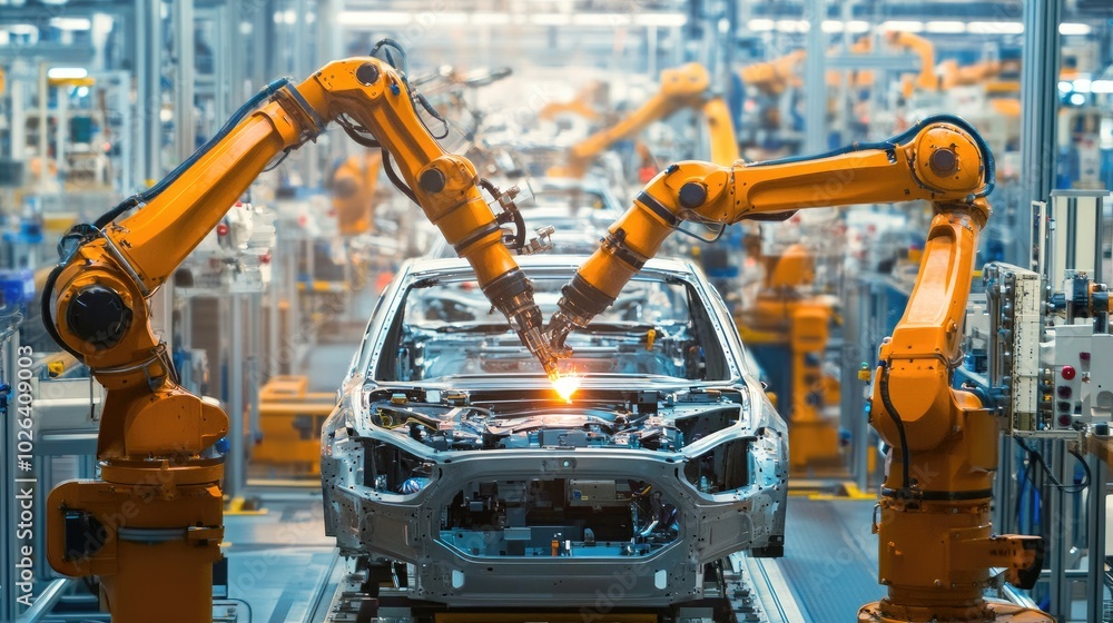 Assembly line in an automotive plant with skilled workers and robotic arms building cars, emphasizing teamwork and innovation in manufacturing. Assembly line in an automotive plant with skilled workers and robotic arms building cars, emphasizing teamwork and innovation in manufacturing.