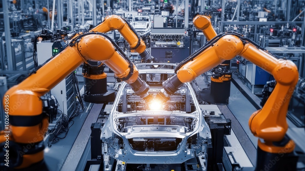 Automotive factory with robotic machinery building car frames, representing innovation and high-precision production Automotive factory with robotic machinery building car frames, representing innovation and high-precision production