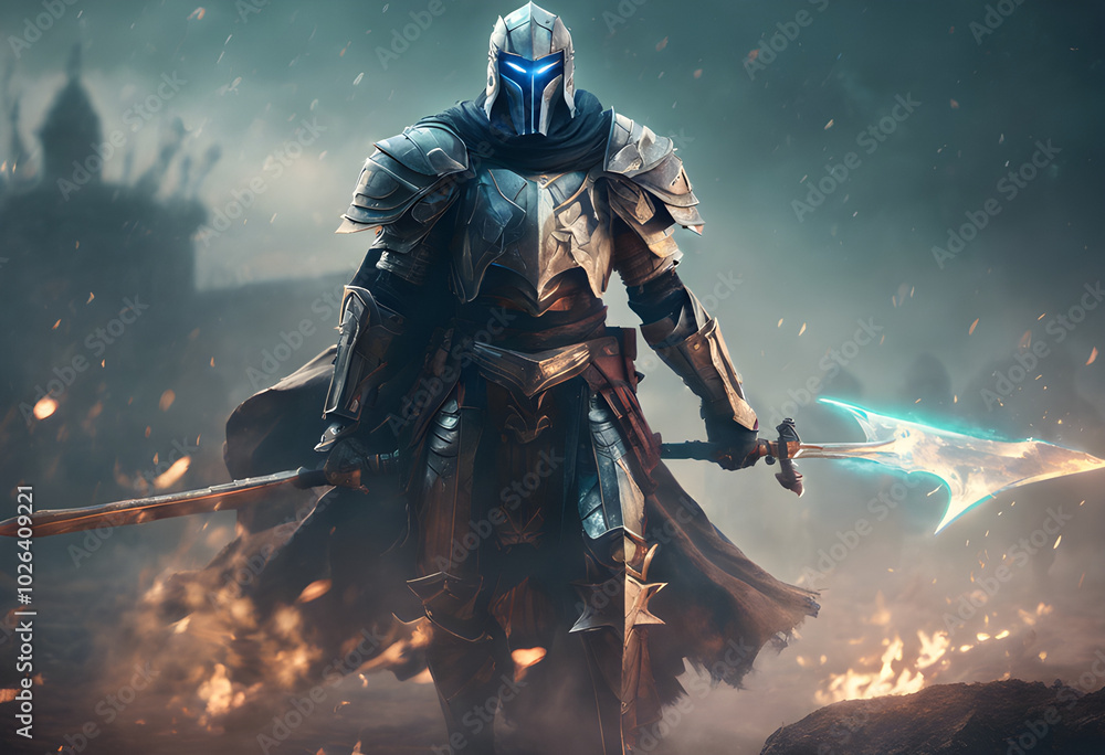 Naklejka premium A ghost soldier in ancient armor, with wounds all over his body, stands on a battlefield filled with fog and the remains of old weapons.
