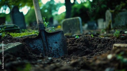 A shovel is stuck in the ground of a cemetery, perfect for use as a symbol or metaphor in various contexts photo