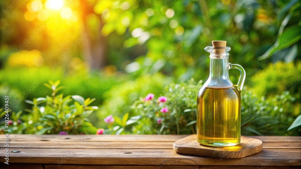Painting of a bottle of GHI oil on a table in the garden with selective focus Painting of a bottle of GHI oil on a table in the garden with selective focus