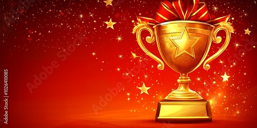 Golden trophy with red ribbon on red background