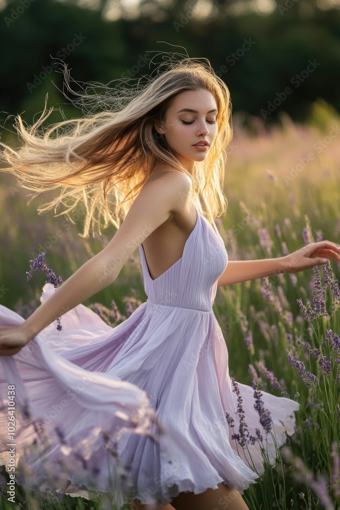 Obraz premium A woman strolling through a beautiful field of purple lavender, surrounded by nature