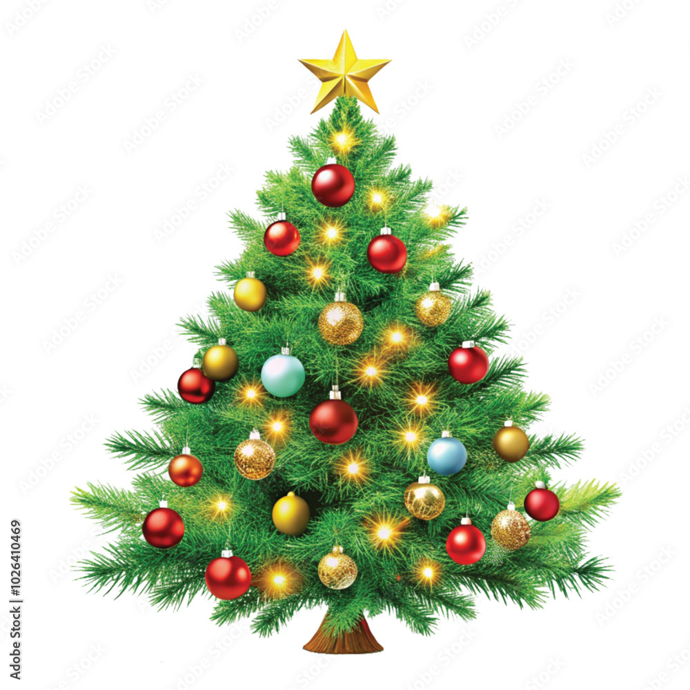 Realistic Christmas Tree with lights, red and gold Christmas balls, gold tinsel garland and stars png design Realistic Christmas Tree with lights, red and gold Christmas balls, gold tinsel garland and stars png design
