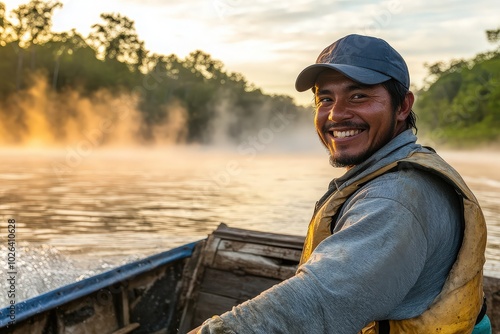 Smiling man boating on misty river