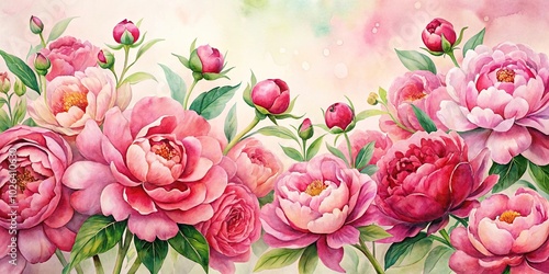 watercolor painting of pink peony flowers and red roses
