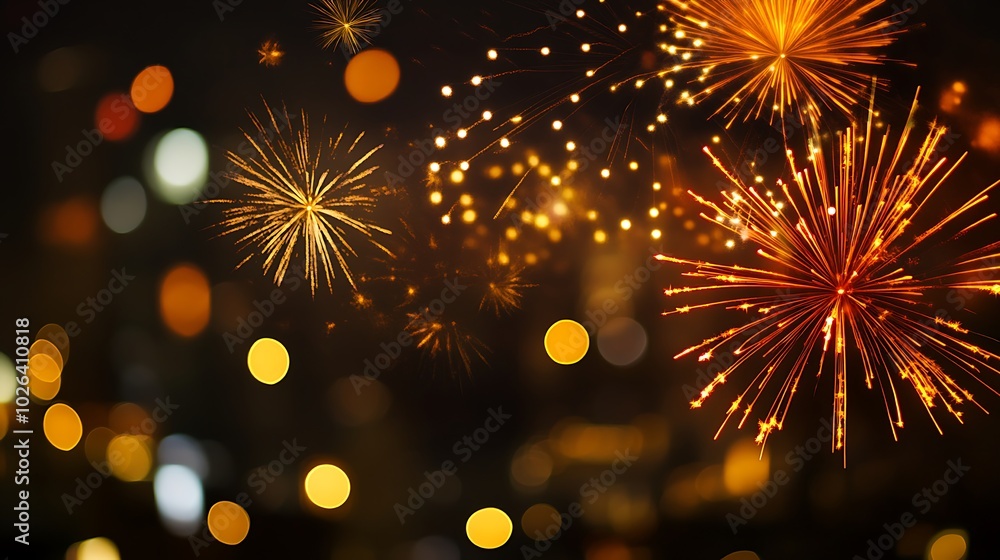 A dark night sky illuminated by golden bokeh lights and flashes of fireworks, creating a festive and celebratory scene. A dark night sky illuminated by golden bokeh lights and flashes of fireworks, creating a festive and celebratory scene.