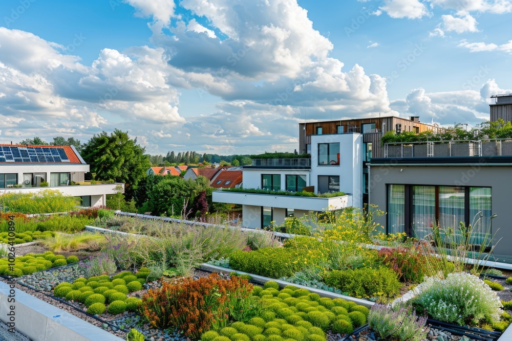 A lush green roof covered with various plants and foliage A lush green roof covered with various plants and foliage