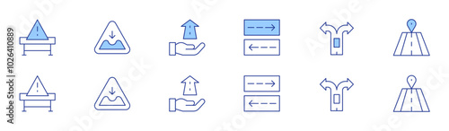 Road icon set in two styles, Duotone and Thin Line style. Editable stroke. barrier, parking, pothole, future, two ways, road