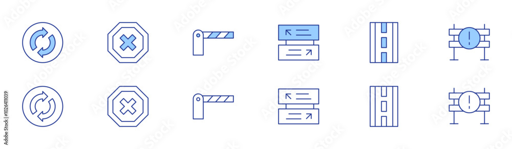 Road icon set in two styles, Duotone and Thin Line style. Editable stroke. roundabout, direction, road, stop, barrier, road barrier Road icon set in two styles, Duotone and Thin Line style. Editable stroke. roundabout, direction, road, stop, barrier, road barrier