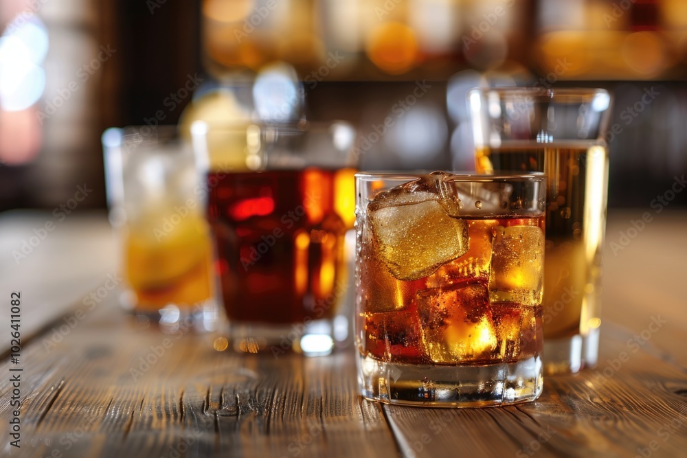 Close-up of two glasses filled with drinks on a table, perfect for advertising or editorial use Close-up of two glasses filled with drinks on a table, perfect for advertising or editorial use