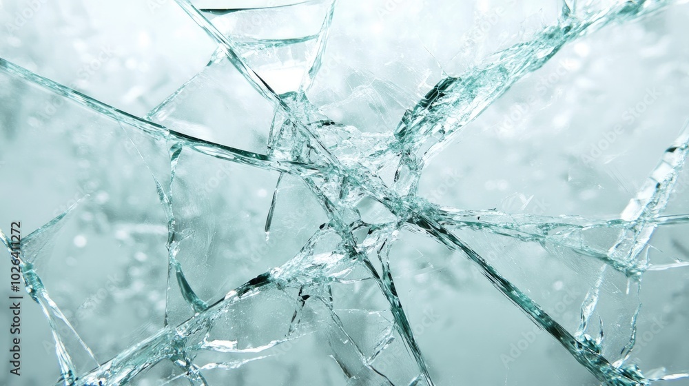 Close-up of large cracked glass, with sharp fissures spreading across the surface, isolated against a white background Close-up of large cracked glass, with sharp fissures spreading across the surface, isolated against a white background