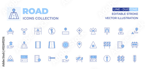 Road icons collection. Line Duotone style, editable stroke. stop, parking, pothole, traffic barrier, road, parking barrier, future, location, straight, tracking, barrier, alert, direction