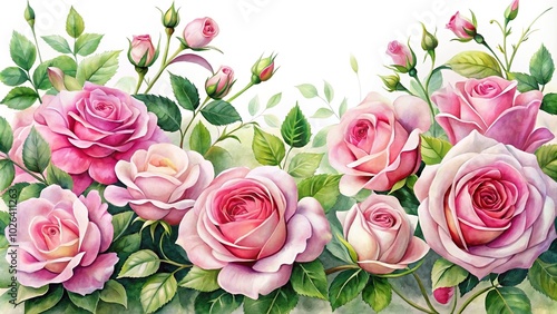 Painting of pink roses with green foliage on white background