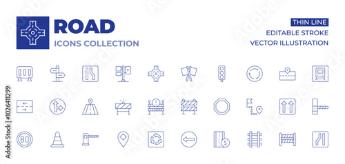 Road icons collection. Thin Line icons, editable stroke. go straight or right, right, traffic cone, road sign, road, road barrier, speed limit, road block, roundabout, tracking, barrier