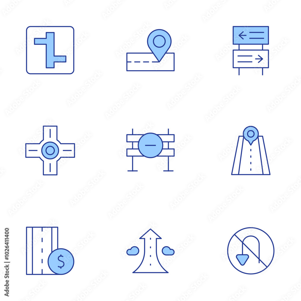 Road icons set. Line Duotone style, editable stroke. no turn, placeholder, roundabout, toll road, intersection, growth, road barrier, park, road Road icons set. Line Duotone style, editable stroke. no turn, placeholder, roundabout, toll road, intersection, growth, road barrier, park, road