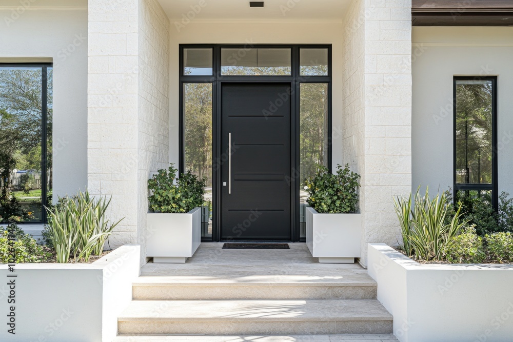 A black front door with greenery in pots, perfect for exterior or interior use