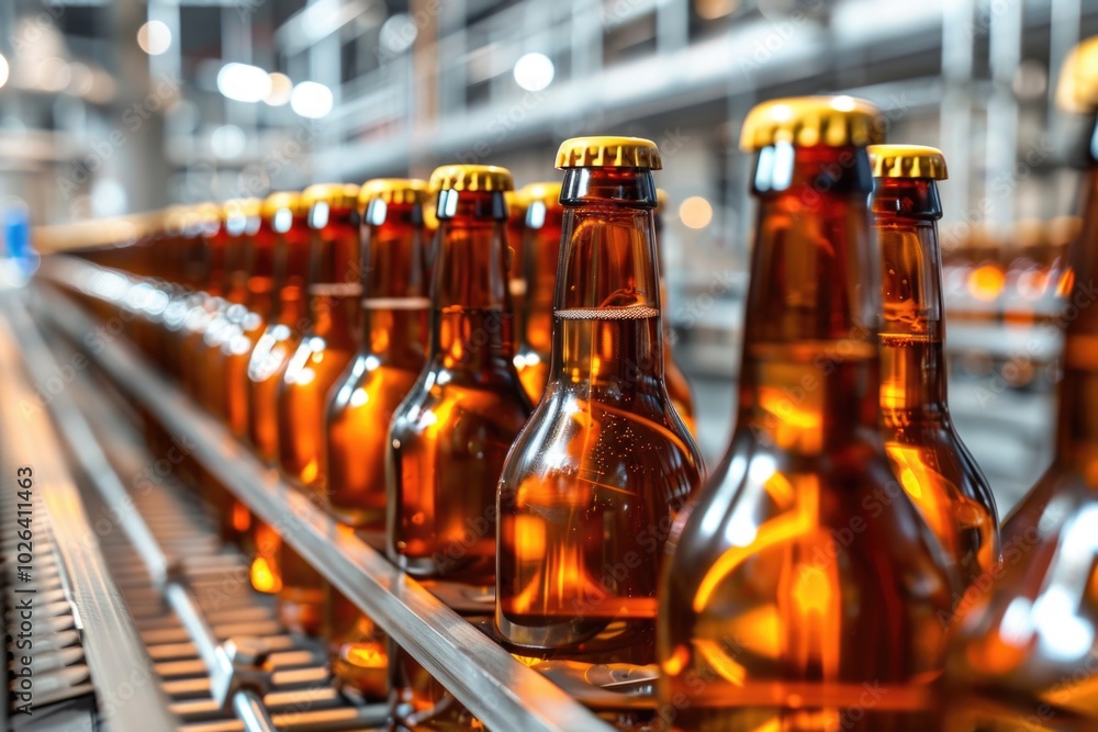 A line of beer bottles moving along a conveyor belt, ready for packaging and distribution A line of beer bottles moving along a conveyor belt, ready for packaging and distribution