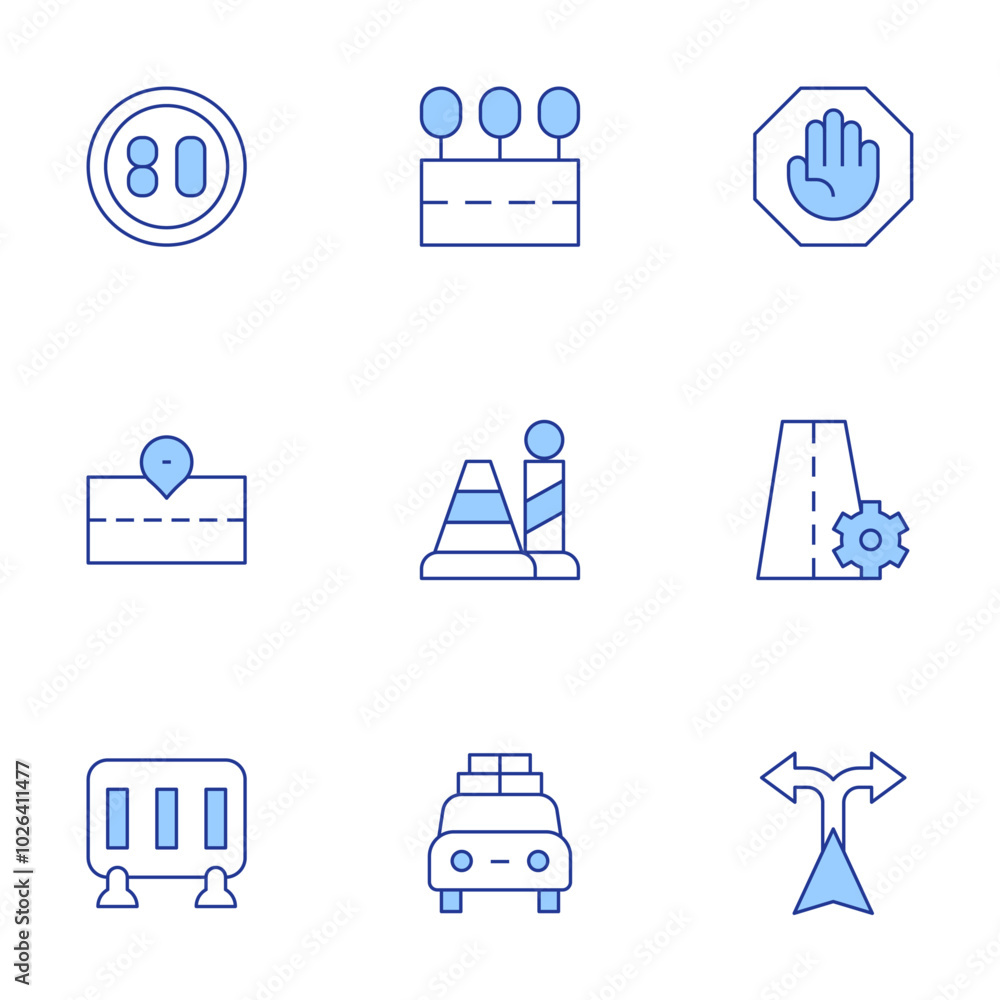 Road icons set. Line Duotone style, editable stroke. speed limit, barrier, settings, road, holidays, cone, stop sign, directions Road icons set. Line Duotone style, editable stroke. speed limit, barrier, settings, road, holidays, cone, stop sign, directions