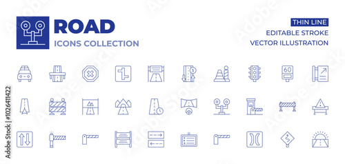 Road icons collection. Thin Line icons, editable stroke. road, signboard, two ways, navigation, parking, time, road sign, barrier, racing game, traffic barrier, traffic sign