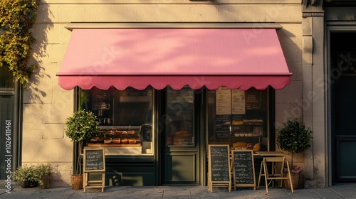 A pink awning outside a small town bakery, perfect for use in food or local business themed projects photo