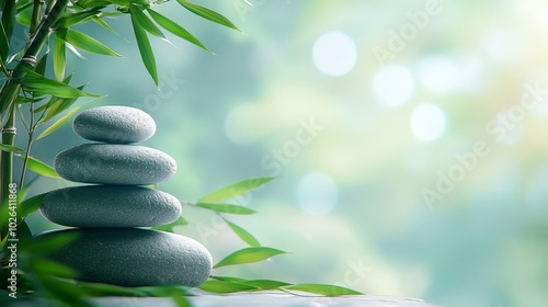 Stacked Stones and Bamboo Leaves Against a Blurred Green Background