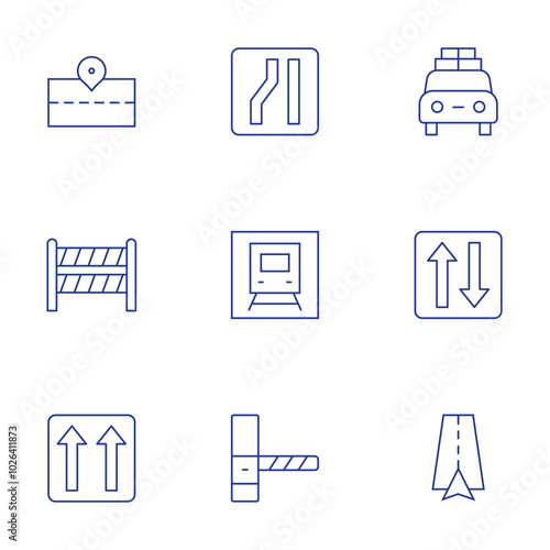 Road icons set. Thin Line style, editable stroke. narrow, toll road, train, road, one way, barrier, two ways, holidays, navigation