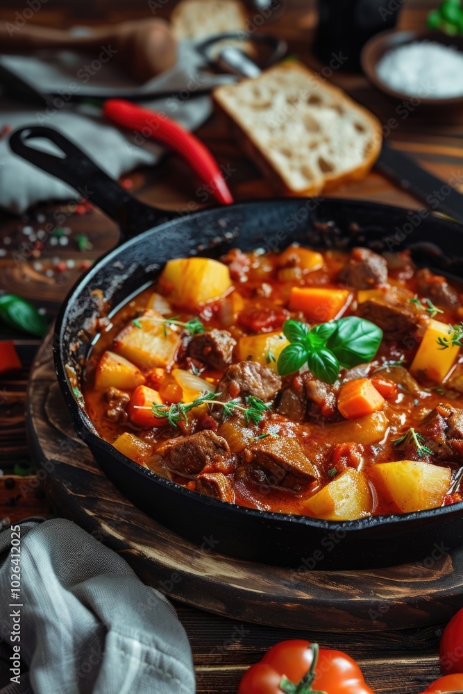 A skillet filled with a mix of meat and vegetables, ready for serving A skillet filled with a mix of meat and vegetables, ready for serving