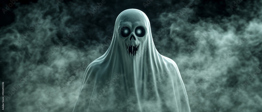 Naklejka premium A ghostly figure with a skull on its face stands in front of a foggy mist