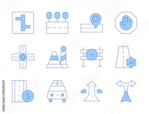 Road icons. Line Duotone style, editable stroke. placeholder, settings, roundabout, holidays, cone, road, toll road, intersection, growth, road barrier, stop sign, directions