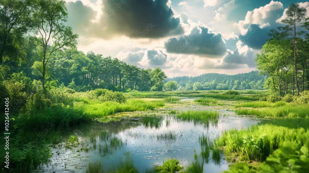 A serene landscape featuring a tranquil waterway surrounded by lush greenery and trees. A serene landscape featuring a tranquil waterway surrounded by lush greenery and trees.