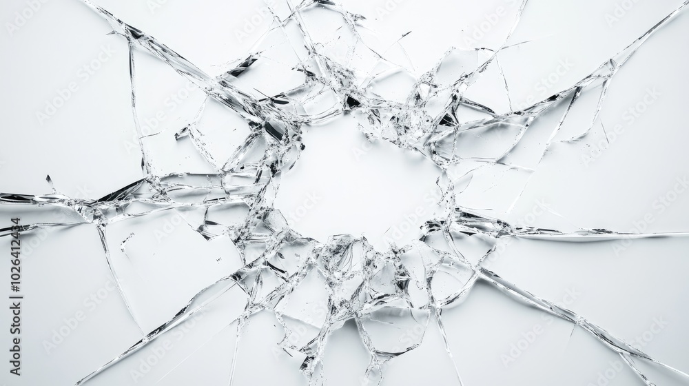 Cracked glass with intricate shatter patterns radiating from a central point, isolated on a clean white background, creating a striking visual. Cracked glass with intricate shatter patterns radiating from a central point, isolated on a clean white background, creating a striking visual.