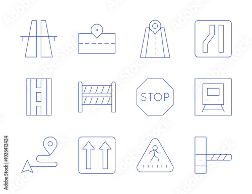 Road icons. Thin Line style, editable stroke. narrow, toll road, train, zebra crossing, road, one way, barrier, placeholder, stop, highway